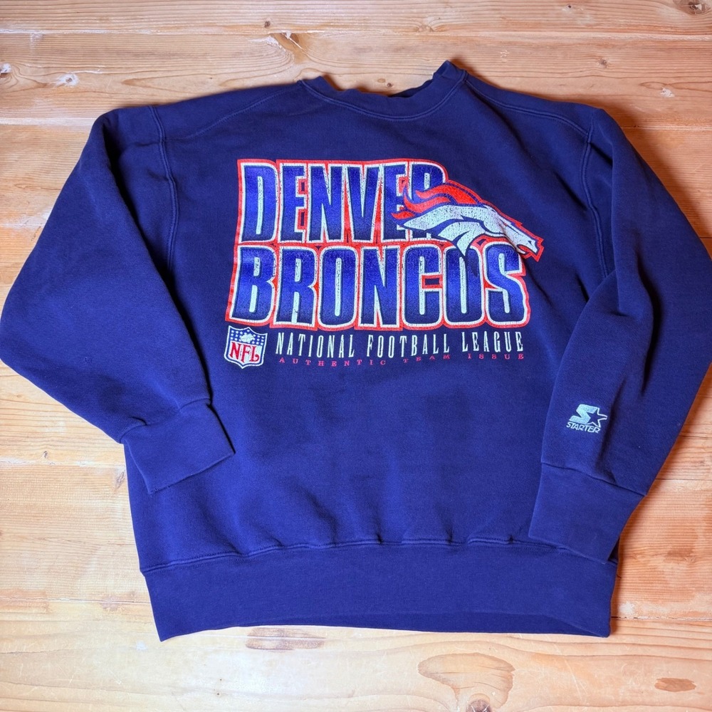 Vintage Starter Denver Broncos NFL Sweatshirt Navy Blue Crewneck Mens L Large
